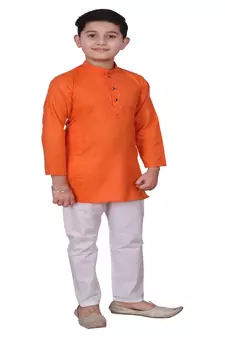 Orange Embroidered Design Cotton Boys Kurta Pajama Set