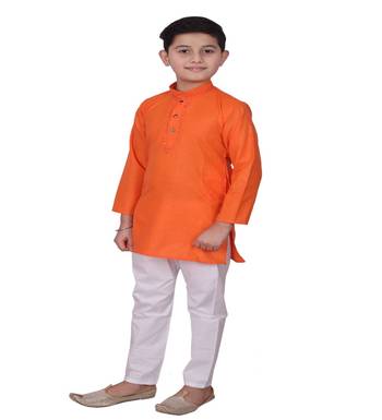 Orange Embroidered Design Cotton Boys Kurta Pajama Set 3