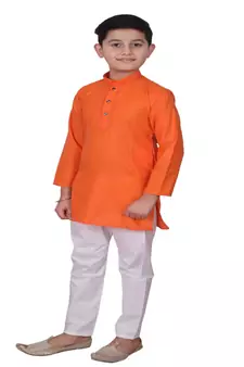 Orange Embroidered Design Cotton Boys Kurta Pajama Set
