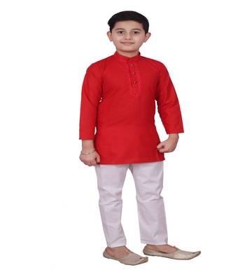 Red Embroidered Design Boys Cotton Kurta Pajama Set 1