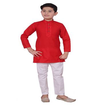Red Embroidered Design Boys Cotton Kurta Pajama Set 2
