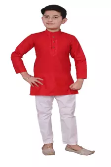 Red Embroidered Design Boys Cotton Kurta Pajama Set
