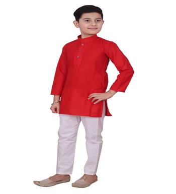 Red Embroidered Design Boys Cotton Kurta Pajama Set 3