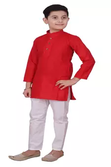 Red Embroidered Design Boys Cotton Kurta Pajama Set