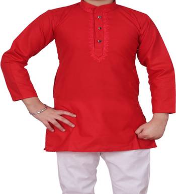 Red Embroidered Design Boys Cotton Kurta Pajama Set 4