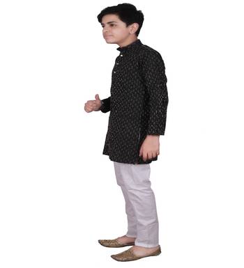 Black Stripe Design Cotton Boys Kurta Pajama Set 3