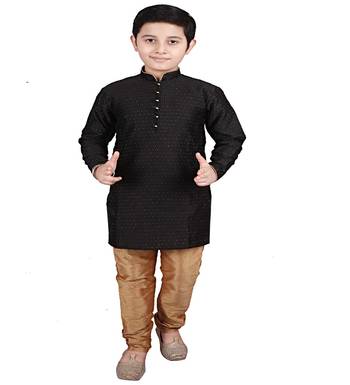 Black Self Design Boys Silk Kurta Pyjama Set 1