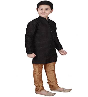 Black Self Design Boys Silk Kurta Pyjama Set 2