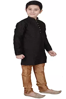 Black Self Design Boys Silk Kurta Pyjama Set