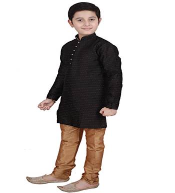 Black Self Design Boys Silk Kurta Pyjama Set 3