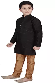 Black Self Design Boys Silk Kurta Pyjama Set