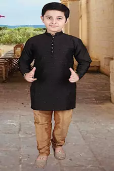 Black Self Design Boys Silk Kurta Pyjama Set