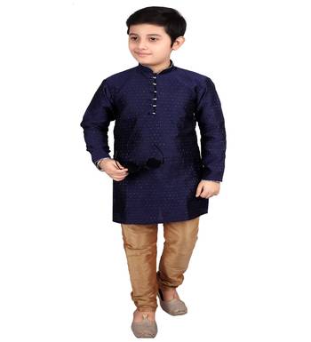 Dark Blue Self Design Boys Silk Kurta Pyjama Set 1