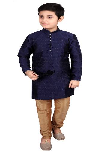Dark Blue Self Design Boys Silk Kurta Pyjama Set