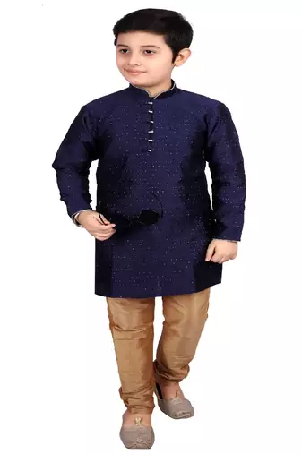 Dark Blue Self Design Boys Silk Kurta Pyjama Set