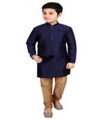 Dark Blue Self Design Boys Silk Kurta Pyjama Set