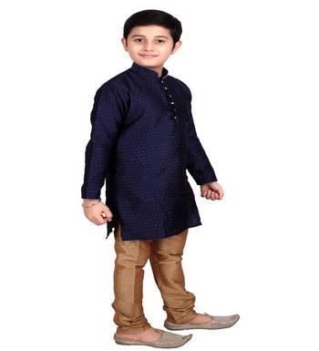 Dark Blue Self Design Boys Silk Kurta Pyjama Set 2
