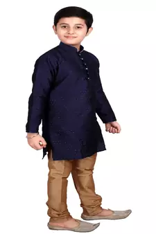 Dark Blue Self Design Boys Silk Kurta Pyjama Set