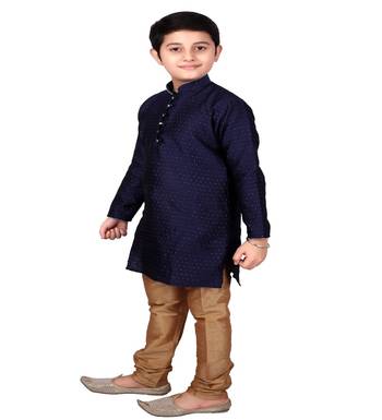 Dark Blue Self Design Boys Silk Kurta Pyjama Set 3