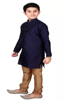 Dark Blue Self Design Boys Silk Kurta Pyjama Set
