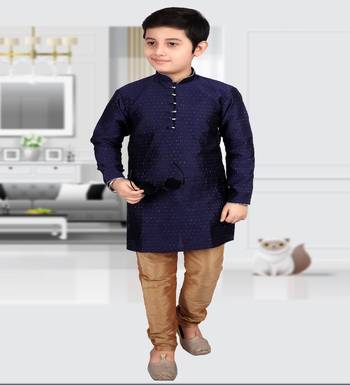 Dark Blue Self Design Boys Silk Kurta Pyjama Set 4