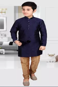 Dark Blue Self Design Boys Silk Kurta Pyjama Set