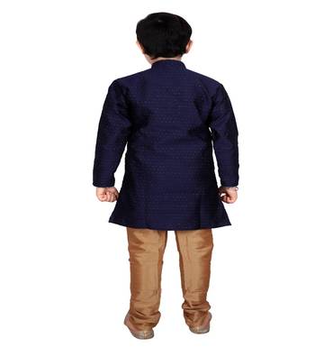 Dark Blue Self Design Boys Silk Kurta Pyjama Set 5