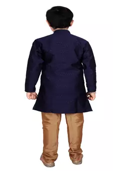 Dark Blue Self Design Boys Silk Kurta Pyjama Set