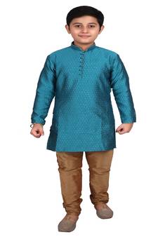 Firozi Self Design Boys Silk Kurta Pyjama Set