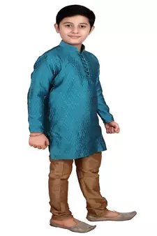 Firozi Self Design Boys Silk Kurta Pyjama Set
