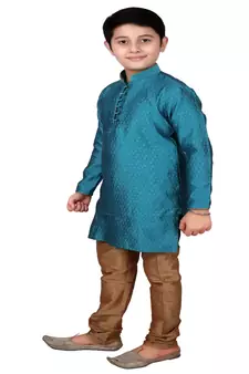 Firozi Self Design Boys Silk Kurta Pyjama Set