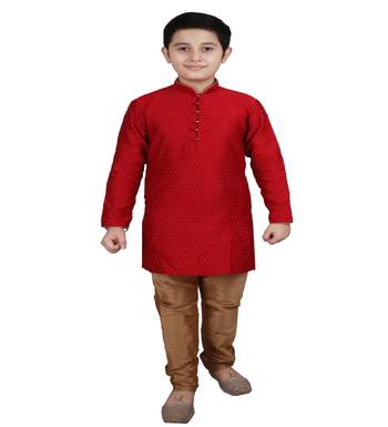 Maroon Self Design Boys Silk Kurta Pyjama Set 1