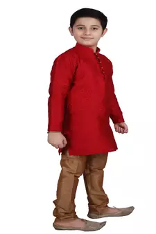 Maroon Self Design Boys Silk Kurta Pyjama Set