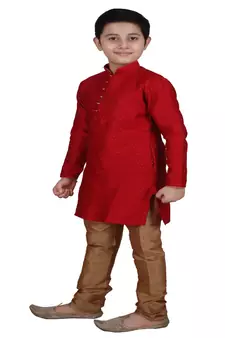 Maroon Self Design Boys Silk Kurta Pyjama Set