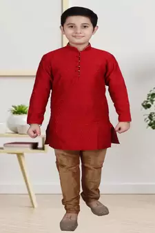 Maroon Self Design Boys Silk Kurta Pyjama Set