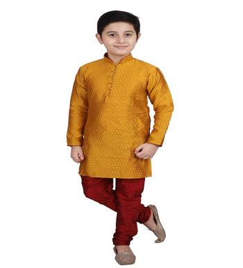 Mustard Self Design Boys Silk Kurta Pyjama Set 1