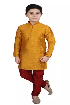 Mustard Self Design Boys Silk Kurta Pyjama Set