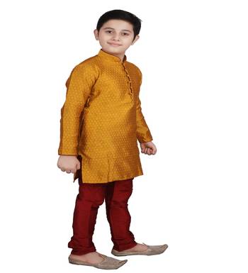 Mustard Self Design Boys Silk Kurta Pyjama Set 2