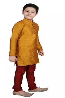 Mustard Self Design Boys Silk Kurta Pyjama Set