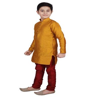 Mustard Self Design Boys Silk Kurta Pyjama Set 3