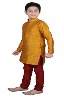 Mustard Self Design Boys Silk Kurta Pyjama Set