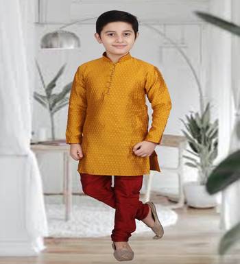 Mustard Self Design Boys Silk Kurta Pyjama Set 4