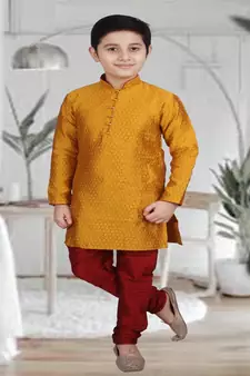 Mustard Self Design Boys Silk Kurta Pyjama Set