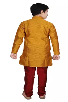 Mustard Self Design Boys Silk Kurta Pyjama Set