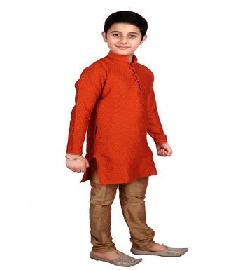 Orange Self Design Boys Silk Kurta Pyjama Set 1