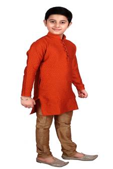 Orange Self Design Boys Silk Kurta Pyjama Set