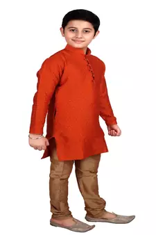 Orange Self Design Boys Silk Kurta Pyjama Set