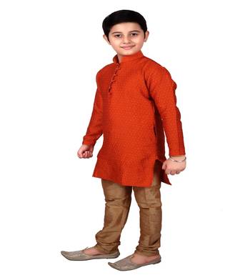 Orange Self Design Boys Silk Kurta Pyjama Set 2