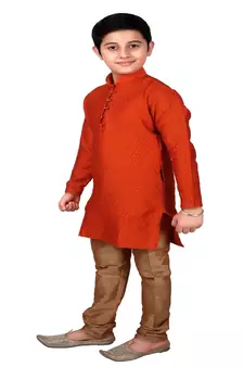 Orange Self Design Boys Silk Kurta Pyjama Set