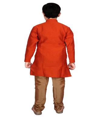 Orange Self Design Boys Silk Kurta Pyjama Set 3